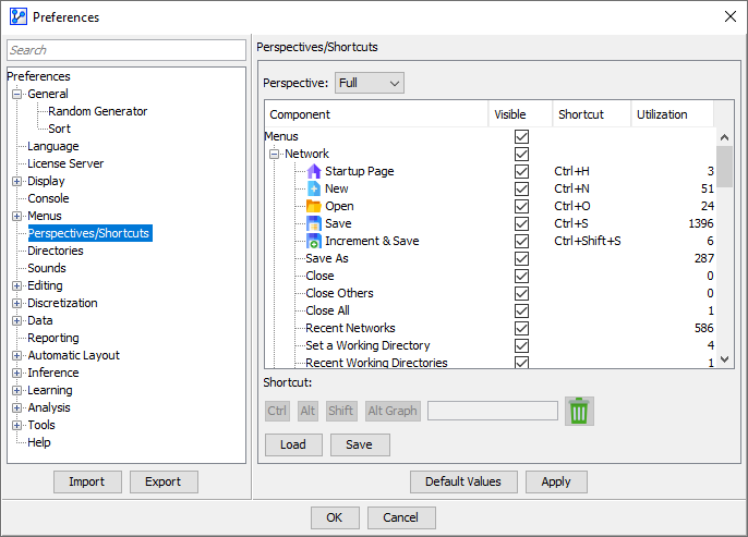 PreferencesPerspectivesShortcuts